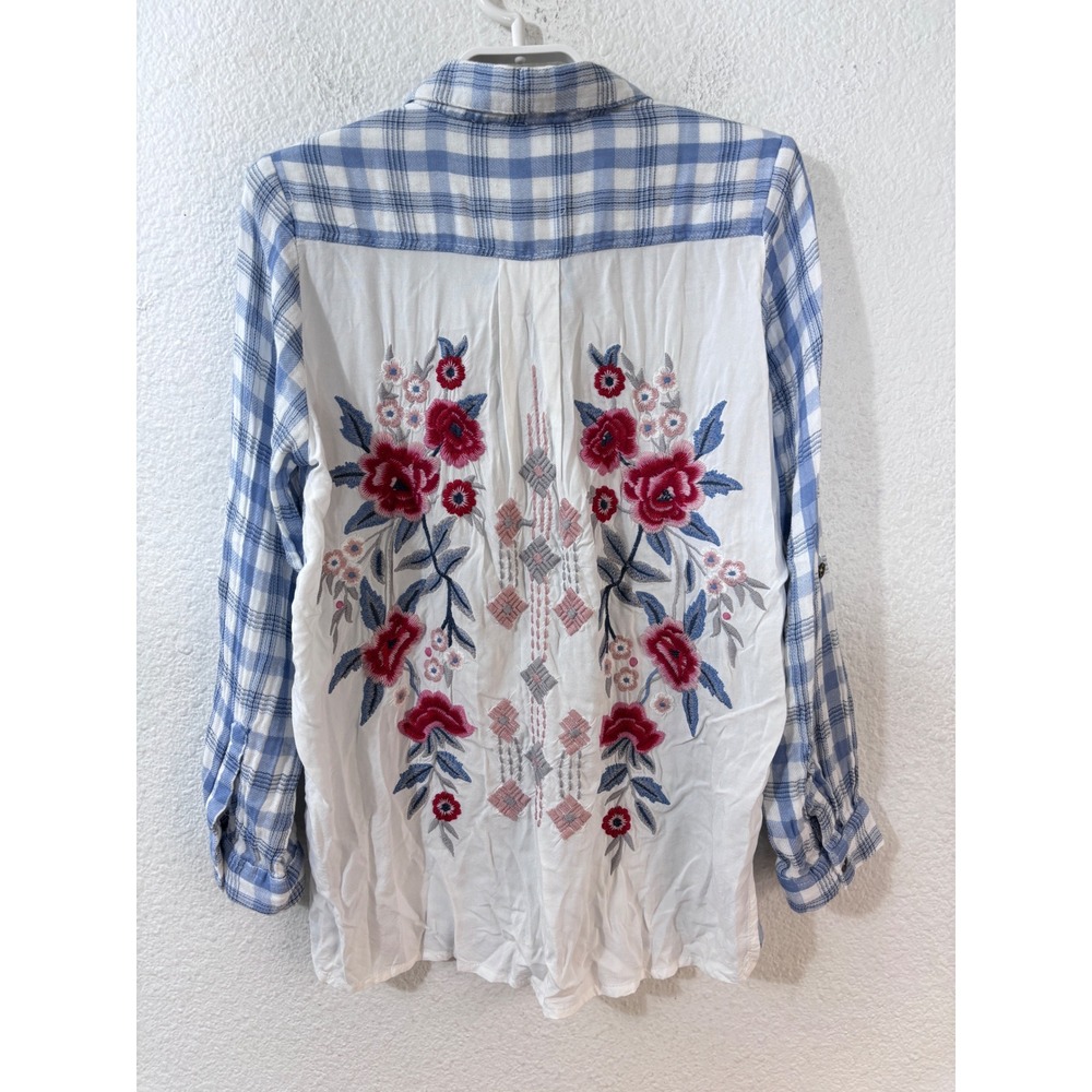 Kyla Seo Button Down Shirt Womens Large Blue Plaid Floral Embroidered Back